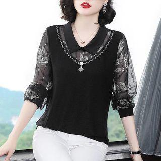 3/4-sleeve Collared Leaf Print Chiffon Blouse