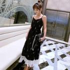 Mock Two-piece Strappy Printed A-line Midi Dress