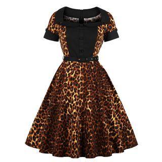 Short-sleeve Leopard Print Panel A-line Dress