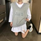 Long-sleeve Cut Out Mini T-shirt Dress / Lettering Vest