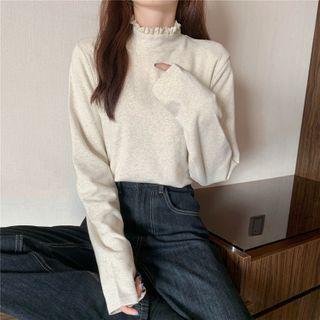 Lace Trim Mock Neck Plain T-shirt