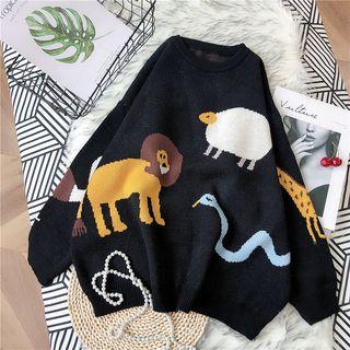 Round-neck Animal Print Sweater Black - One Size