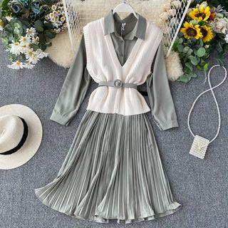 Set: Long-sleeve Pleated A-line Shirt Dress + Knit Vest