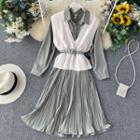 Set: Long-sleeve Pleated A-line Shirt Dress + Knit Vest