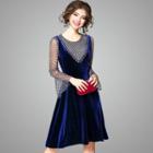 Set: Polka Dot Bell-sleeve Top + Embellished Velvet Sleeveless A-line Dress