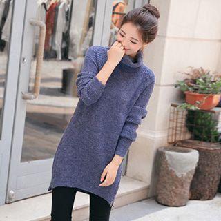 Turtleneck Zip-accent Wool Blend Long Sweater