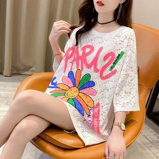 Flower Print Lace Elbow-sleeve Top