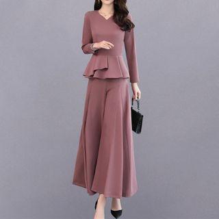Set: Ruffle Hem Long-sleeve Top + Wide Leg Pants