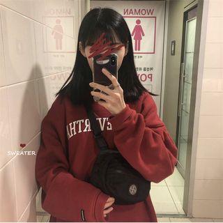 Lettering Long-sleeve Pullover Wine Red (fleece Lining) - One Size