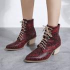 Snake Print Pointed Lace-up Low Heel Short Boots