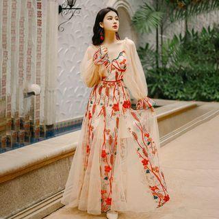 Long-sleeve V-neck Floral Embroidered Maxi Dress