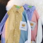 Bear Embroidered Plaid Color Block Shirt