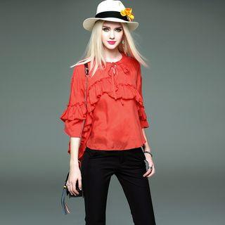 Elbow-sleeve Tie-neck Ruffle Top