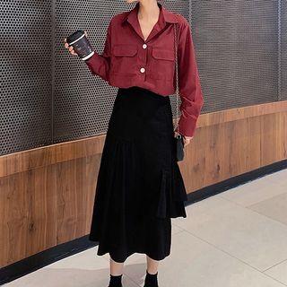 Pocket Detail Shirt / Midi A-line Skirt / Set