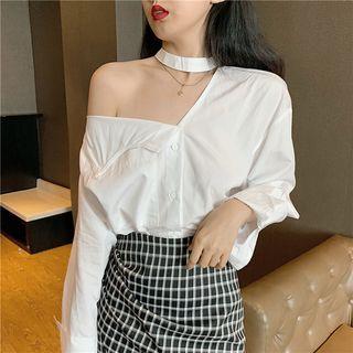 One-shoulder Blouse / Irregular Hem Plaid Skirt