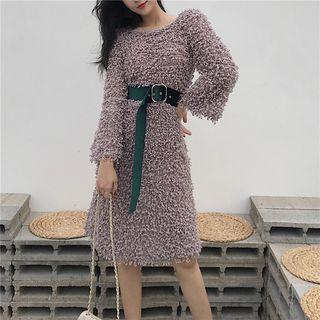 Furry Long Sleeve Dress With Belt