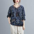 Patterned Long-sleeve Top Dark Blue - One Size