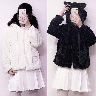 Cat Ear Accent Fleece Buttoned Hooded Jacket