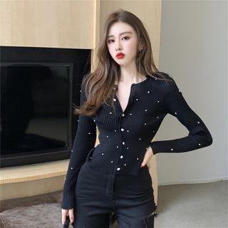 Faux Pearl Ribbed Knit Top Black - One Size