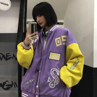 Long Sleeve Two-tone Letter Print Baseball Jacket