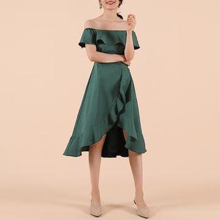 Off-shoulder Ruffled Midi Split A-line Dress