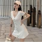 Short-sleeve Buttoned V-neck A-line Mini Dress