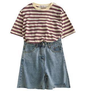 Short-sleeve Striped T-shirt / High-waist Distressed Denim Skirt