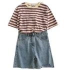 Short-sleeve Striped T-shirt / High-waist Distressed Denim Skirt