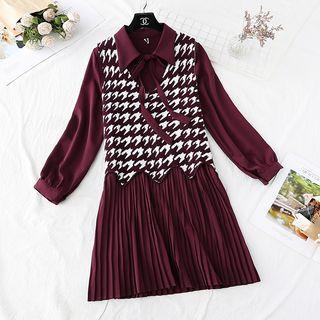 Set: Pleated Chiffon Dress + Houndstooth Vest