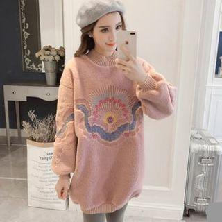 Oversized Mock Neck Embroidered Fleece Top