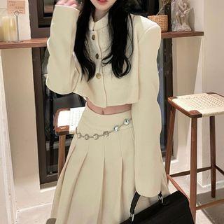 Long-sleeve Cropped Jacket / Pleated A-line Mini Skirt