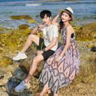 Couple Matching Printed Short Sleeve T-shirt / Spaghetti Strap Midi Dress