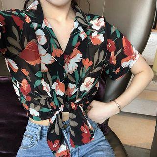 Flower Printed Chiffon Short-sleeve Blouse
