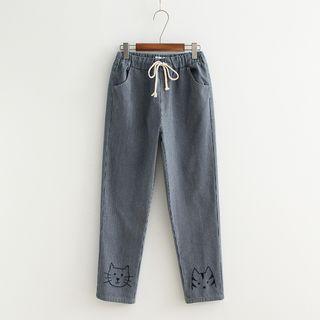 Cat Embroidered Striped Drawstring Pants
