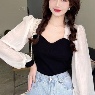 Two-tone Square-neck Blouse