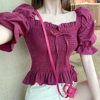 Square-neck Plaid Top As Shown In Figure - One Size