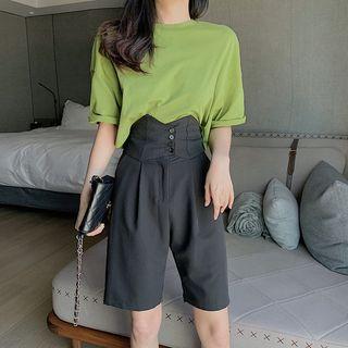 Elbow-sleeve Plain Crew-neck T-shirt