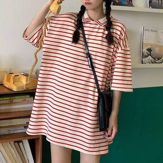 Striped Elbow-sleeve Oversize T-shirt Stripes - Red - One Size