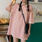 Striped Elbow-sleeve Oversize T-shirt Stripes - Red - One Size