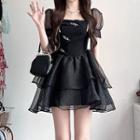 Puff-sleeve Buckled A-line Layered Dress