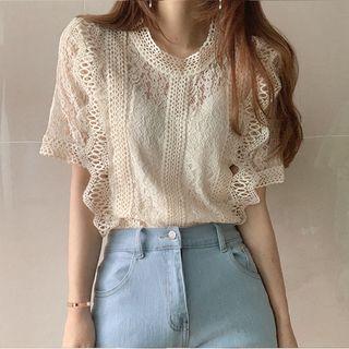 Short-sleeve Round-neck Lace Cut-out Top