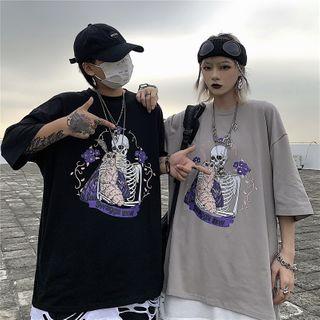 Couple Matching Elbow-sleeve Skeleton Print T-shirt