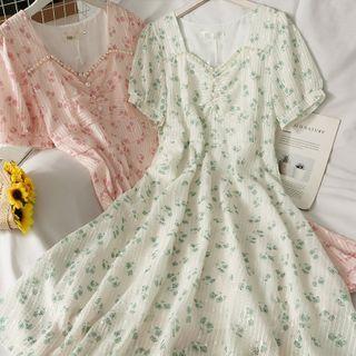 Pearl-accent Ruched Printed Midi Dress
