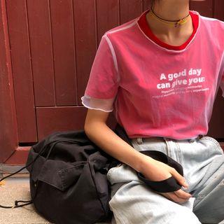 Short-sleeve Lettering T-shirt / Mesh Top