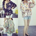 Floral Print Lantern-sleeve Chiffon Blouse