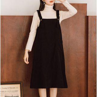 Set: Corduroy Midi Overall Dress + Long-sleeve Turtleneck Top