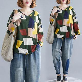 Print V-neck Long-sleeve T Shirt Army Green - F