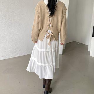 Long-sleeve Midi Shift Dress / Lace Up Cardigan