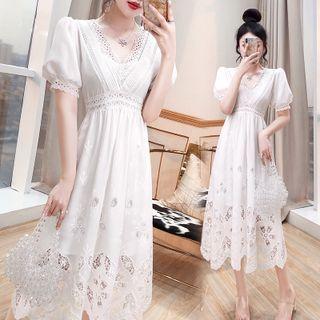 Set: Puff-sleeve Lace Trim Midi A-line Dress + Slipdress