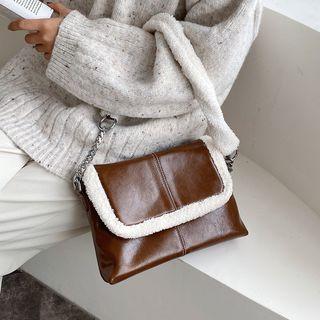 Furry-panel Flap Shoulder Bag